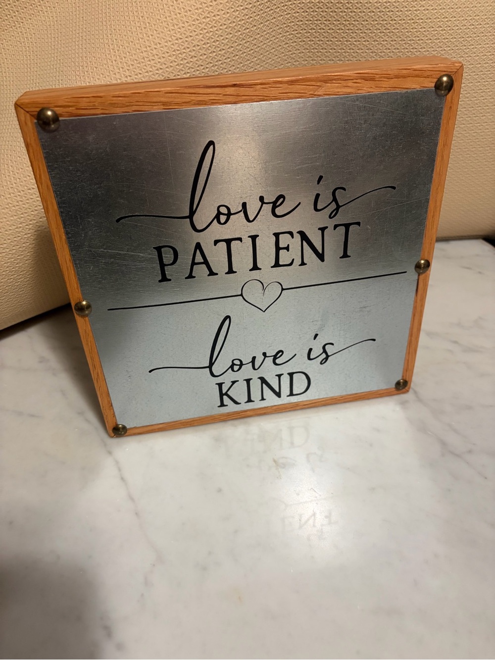 Hand Crafted Silver and Wood "Love is Patient, Love is Kind" Wall Sign